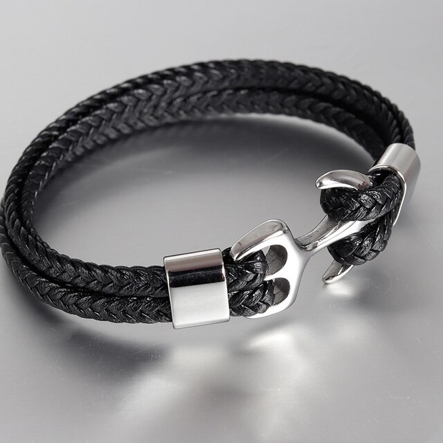 PULSERA ACERO MEN NEGRA ANCLA PLATA