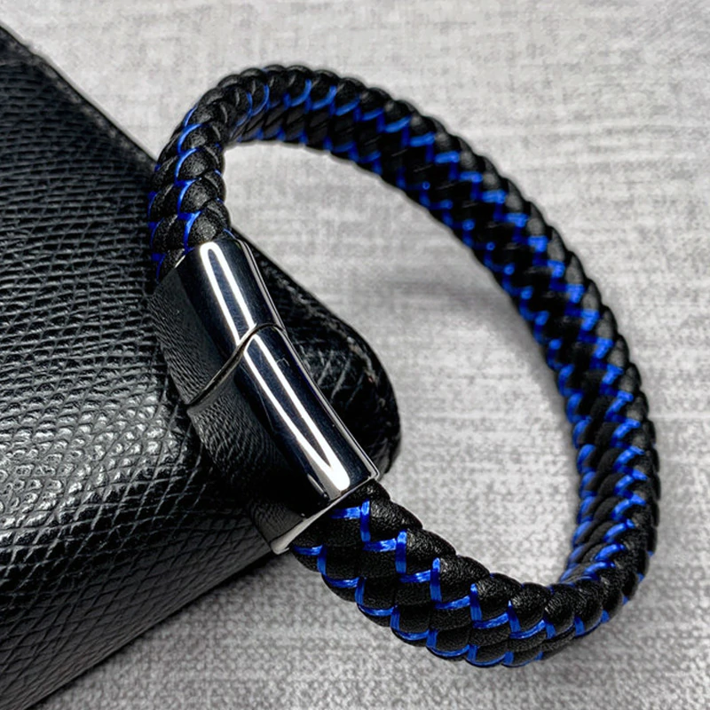 PULSERA ACERO CUERO TEJIDO NEGRO AZUL