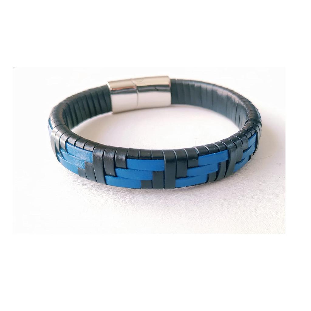 PULSERA ACERO CUERO VIBORA NEGRO AZUL